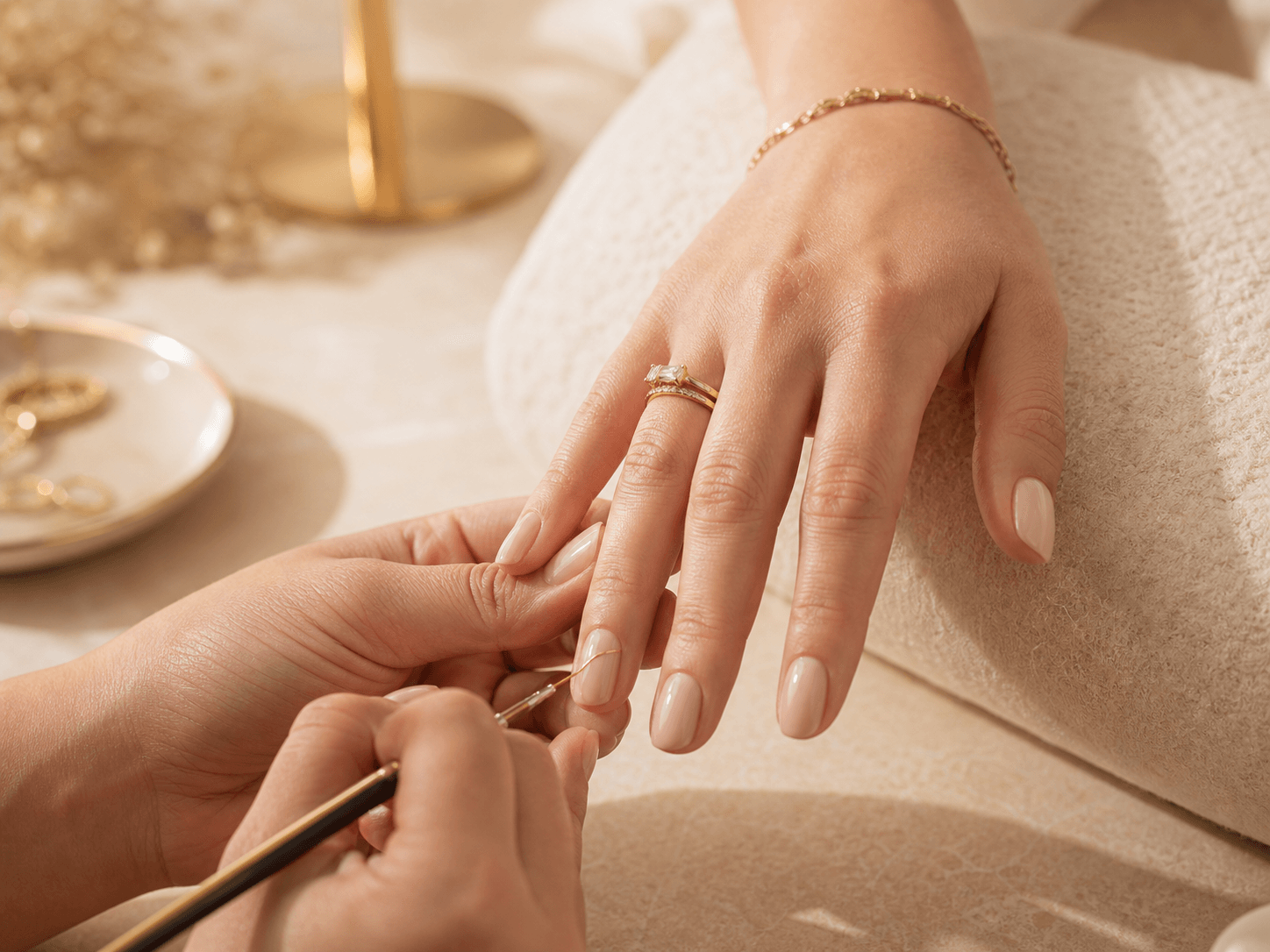 Maniküre mit Nude-Gel und feinem Goldakzent